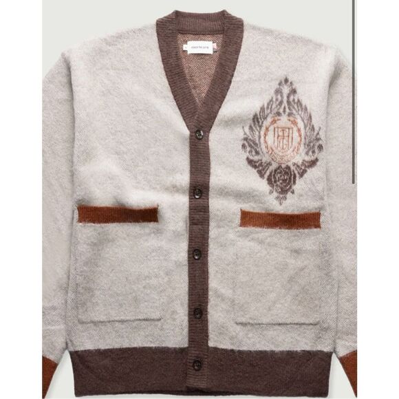 Honor The Gift Cardigan Sweater Crest Logo Knit‎ Brown Trim Oversized - Picture 3 of 16
